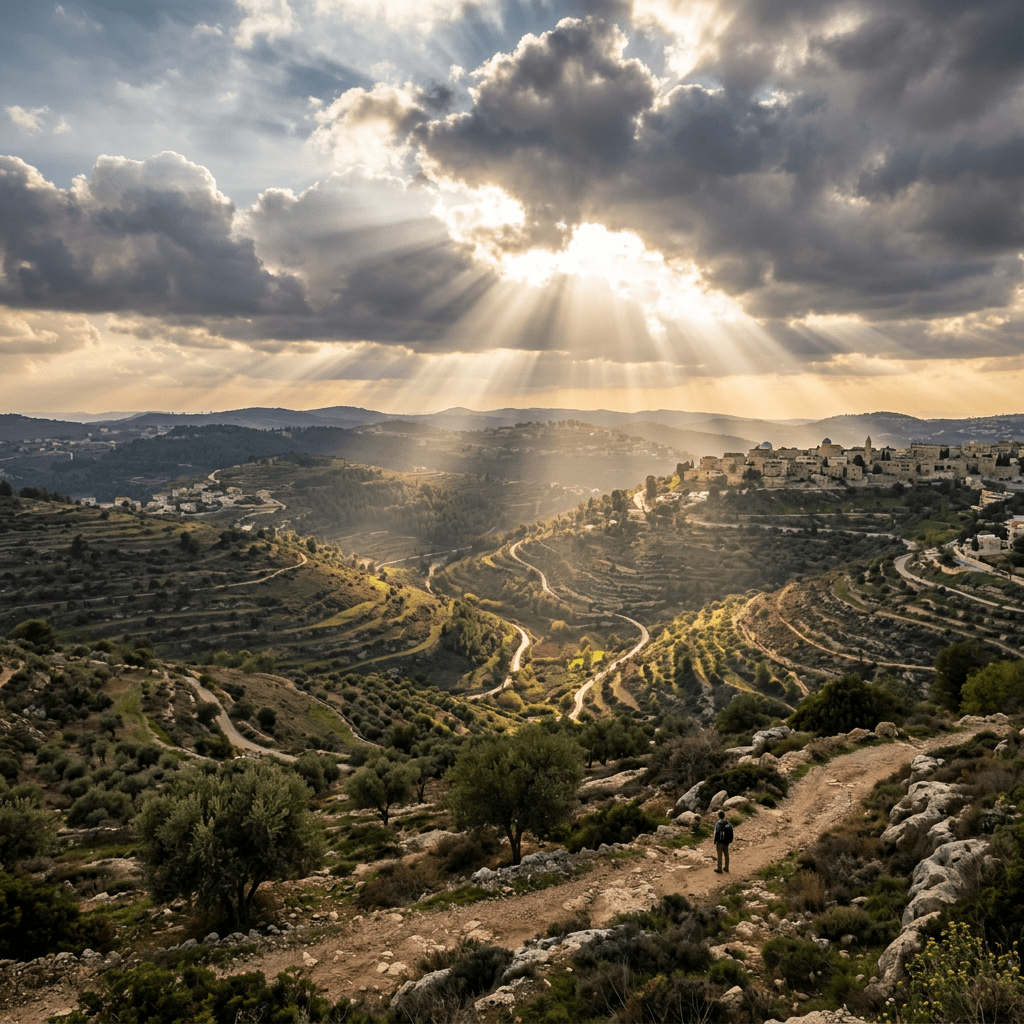 Sunrays break through clouds above terraced hills and a village with a person standing on a dirt path