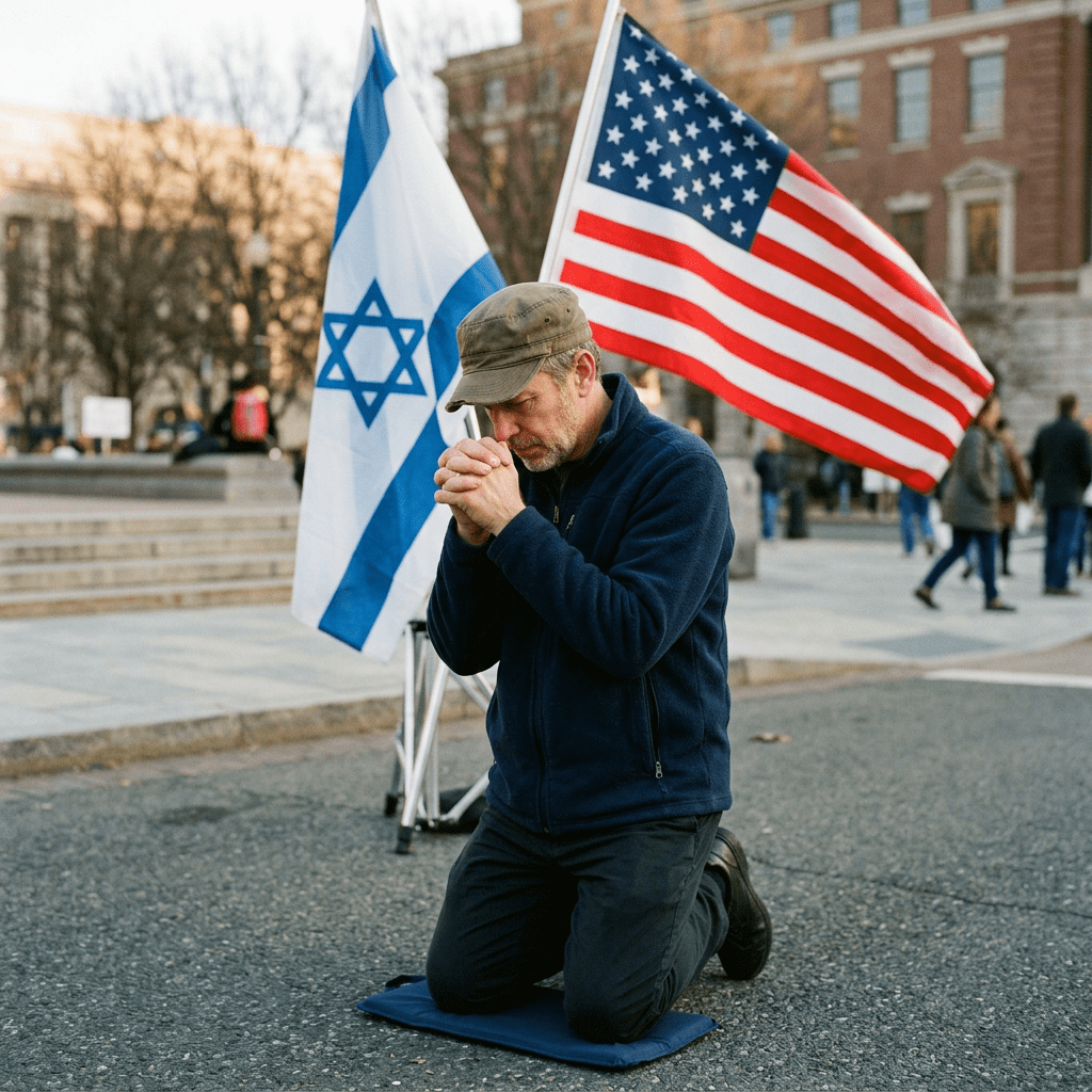 Man kneeling on a cushion praying with Israeli and American flags behind him