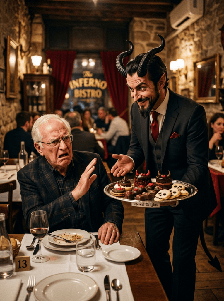 Man dressed as devil presenting a tray of spooky desserts to an elderly man who looks uncomfortable in a restaurant