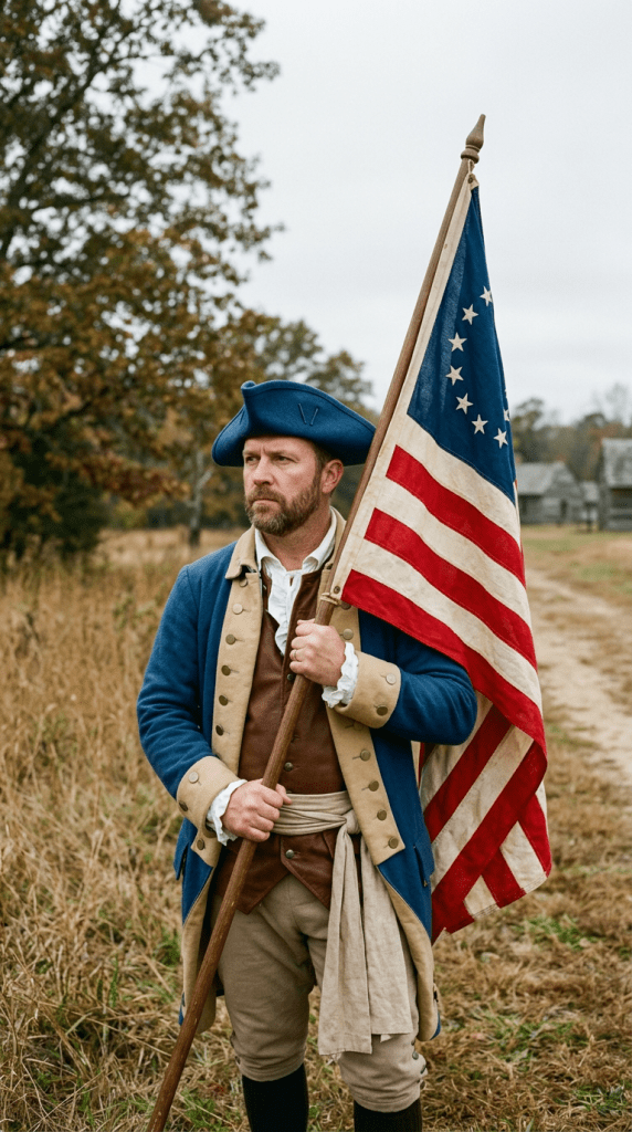 Colonial soldier in blue and beige uniform holding Betsy Ross flag with thirteen stars