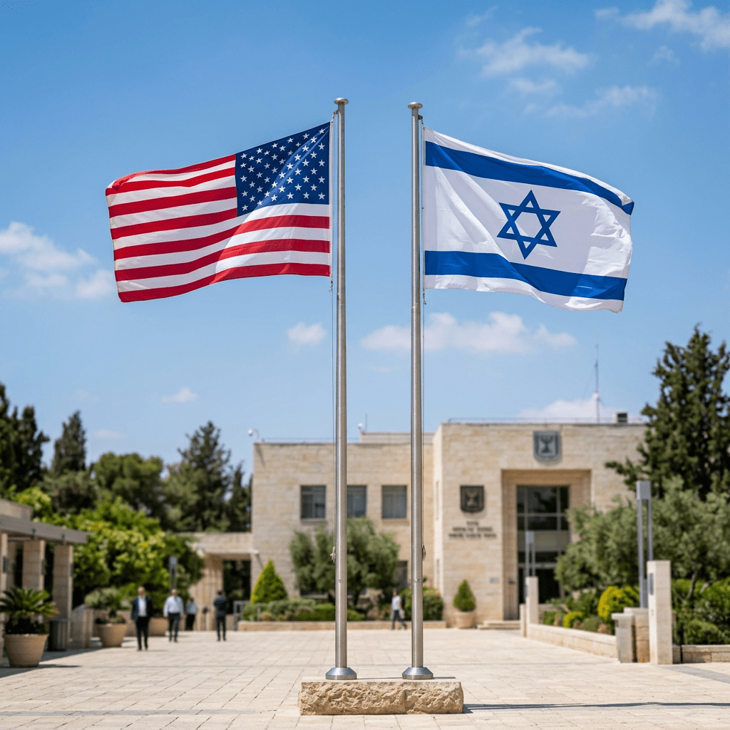 American and Israeli flags flying outside a government building