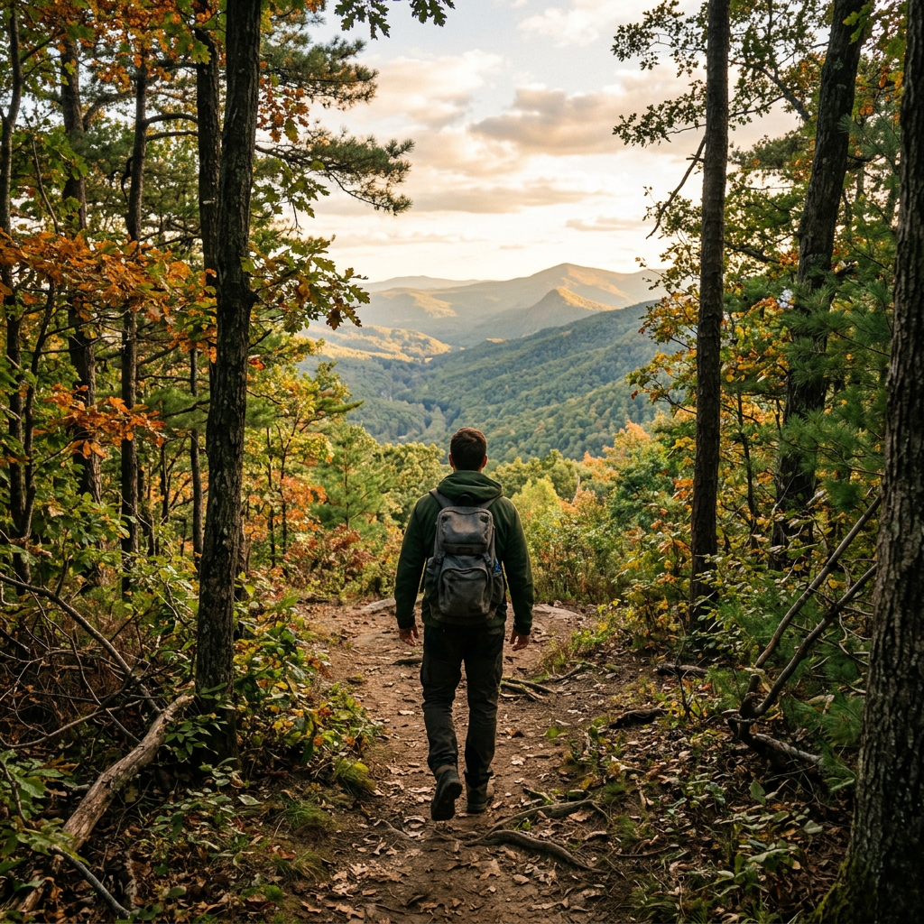 Person with backpack walking on forest trail toward distant mountains