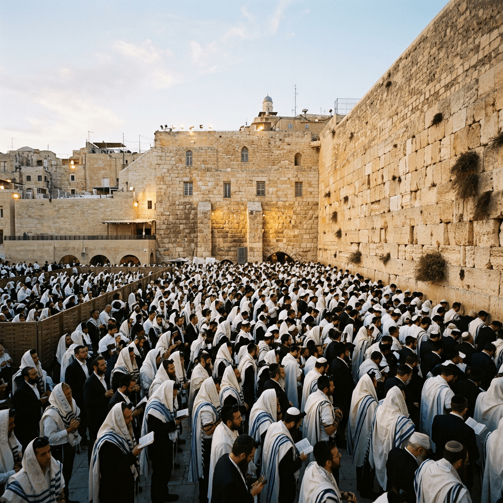 Jewish men wearing prayer shawls gathered at the Western Wall for prayer