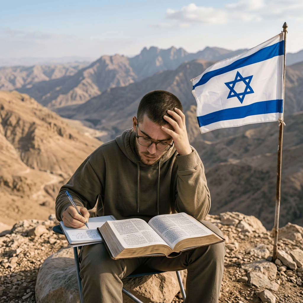 Student studying with open textbooks beside an Israeli flag in a library