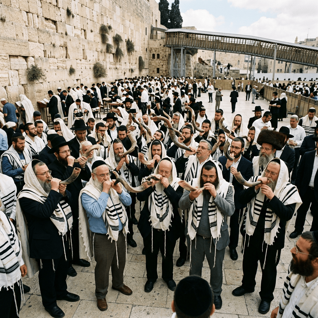 Jewish worshippers in prayer shawls blowing shofars at the Western Wall