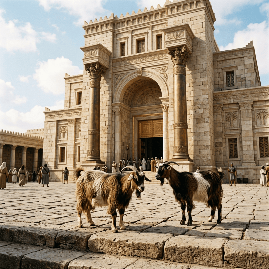 Two goats standing before an ornate stone temple entrance