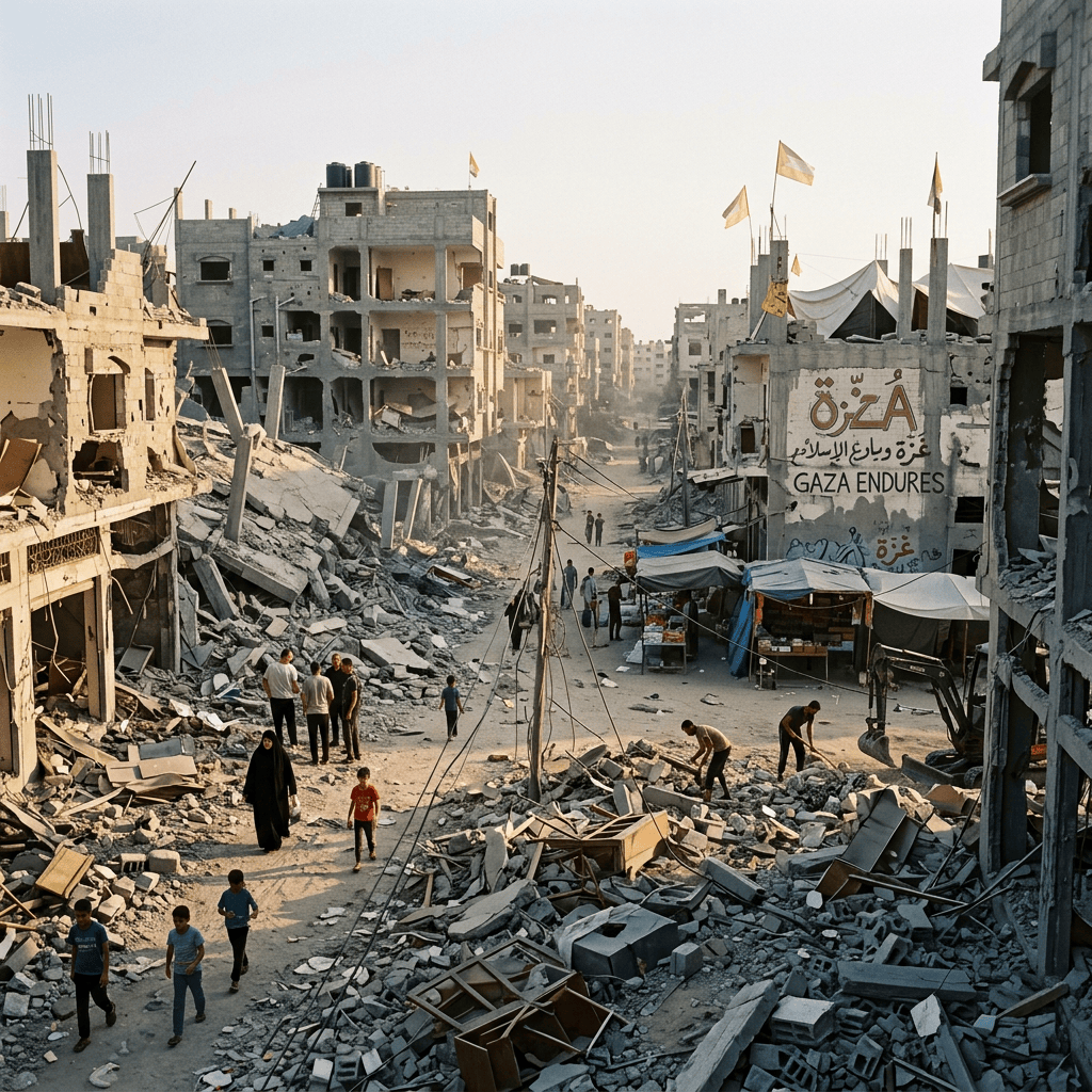 People walk through rubble beside damaged buildings and a Gaza Endures mural.