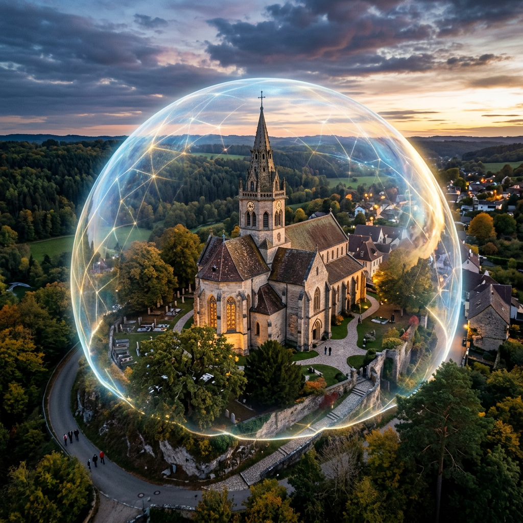 Historic stone church enclosed by a glowing network sphere at sunset